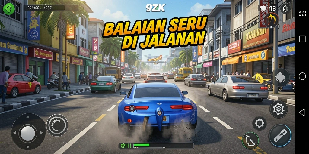 Tampilan gameplay seru di 9ZK dengan mobil balap yang beraksi.